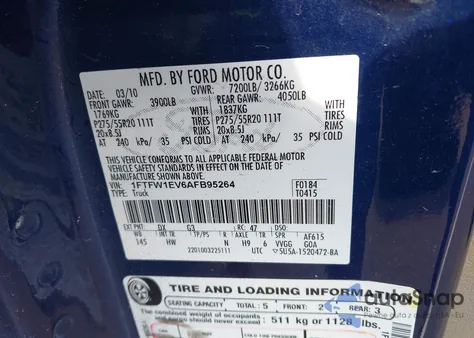 2010 Ford F-150 Fx4/Harley-Davidson/King Ranch/Lariat/Platinum/Xl/Xlt from USA, damaged, VIN 1FTFW1EV6AFB95264